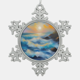 Malerei von hellblauen Meereswellen unter der Sonn Schneeflocken Zinn-Ornament