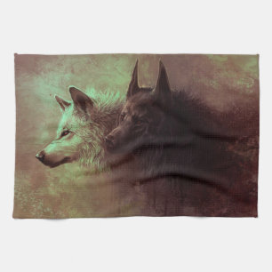 Malerei von schwarzem Wolf und weißem Wolf. Geschirrtuch