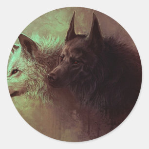 Malerei von schwarzem Wolf und weißem Wolf. Runder Aufkleber