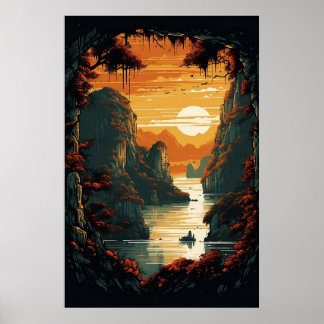 Malerei von Sonnenaufgang über Berge Poster ArtPri