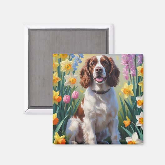 Malerei von Springer Spaniel Hund mit Frühlingsblu Magnet (Vorderseite/Rückseite)