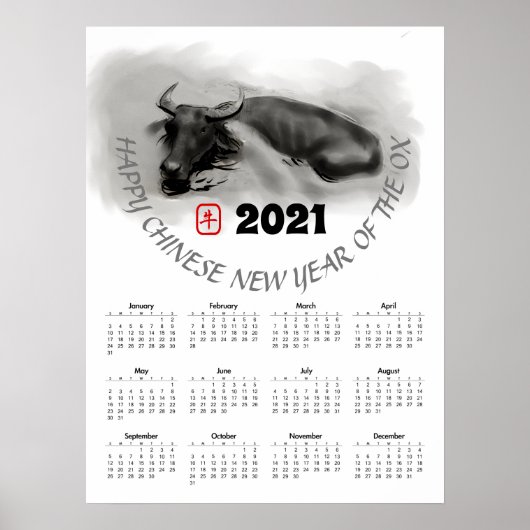 Malerei Wasser Buffalo Ox Neujahr Kalender P Poster (Vorne)