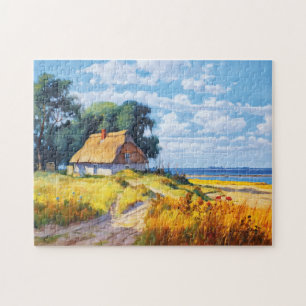 Maleriischer Sandweg, der zu einer Reetgedeckten C Puzzle