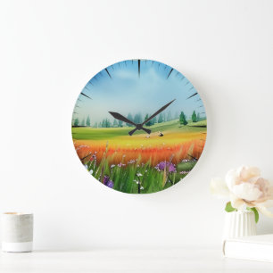 Malerische Aquarellwiese Große Wanduhr