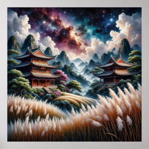 Malerische asiatische Tempel gegen einen Sternenhi Poster