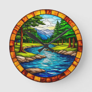 Malerische Fluss- und Waldlandschaft Runde Wanduhr