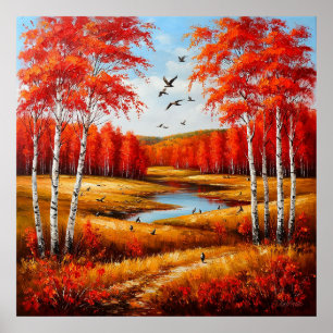 Malerische Herbstlandschaft mit lebhaftem Laub Poster