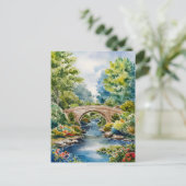 Malerische Kunstlandschaft Grüne Gartenbrücke See Postkarte (Stehend Vorderseite)