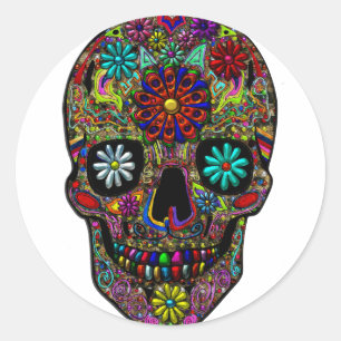 Malerische Skull Floral Art Runder Aufkleber