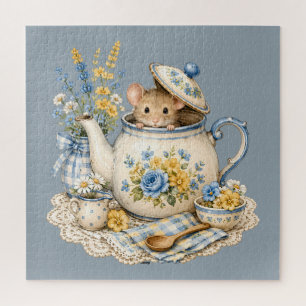 Malerische Teekannen-Maus Cottagecore-Blüten Puzzle