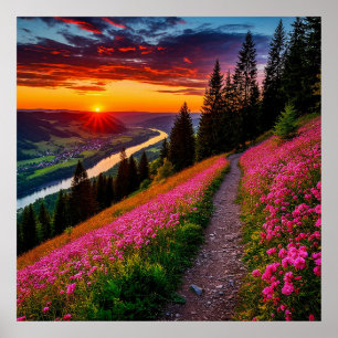 Malerischer Bergsonnenuntergang mit Wildblumen Poster