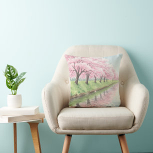 Malerischer Pastellrosa-Aquarell-Kirschblütenbaum Kissen