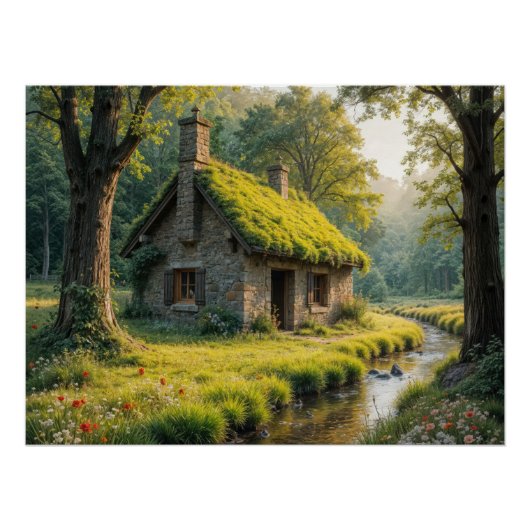 Malerisches Steinhaus am Wald Bach Poster (Vorderseite)