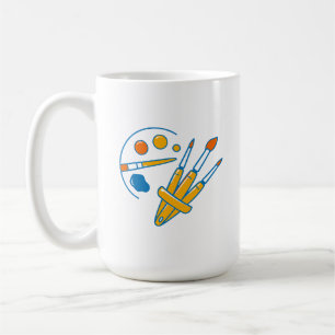 Malerpalette und Pinsel des Künstlers Kaffeetasse