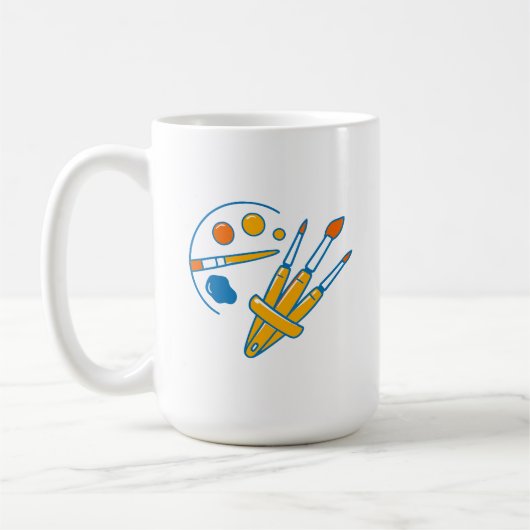 Malerpalette und Pinsel des Künstlers Kaffeetasse (Links)