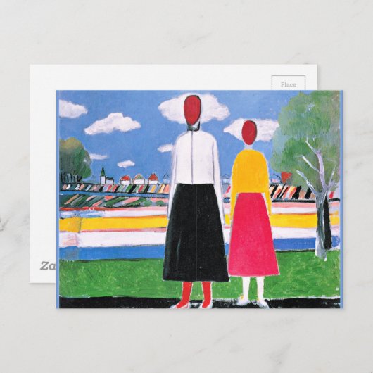 Malevich-Kunstwerk, zwei Figuren in einer Landscha Postkarte (Vorne/Hinten)