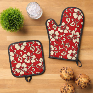 Malia Hawaiian Hibiskus Floral Red Ofenhandschuh & Topflappen-Set