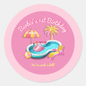 Malibu Beach Doll Retro Birthday Pool Party Runder Aufkleber (Vorderseite)