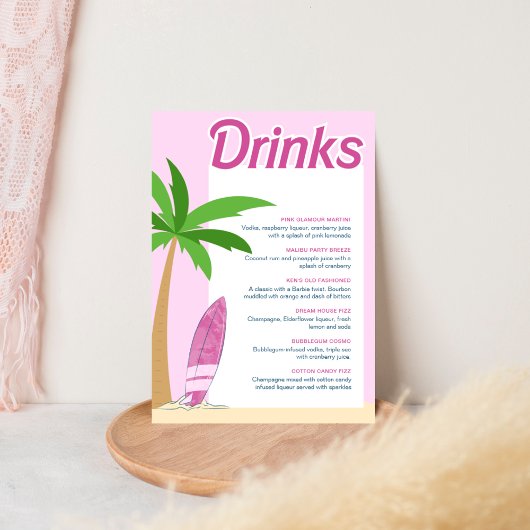 Malibu Beach Pink Party Bachelorette Cocktail Menu Poster