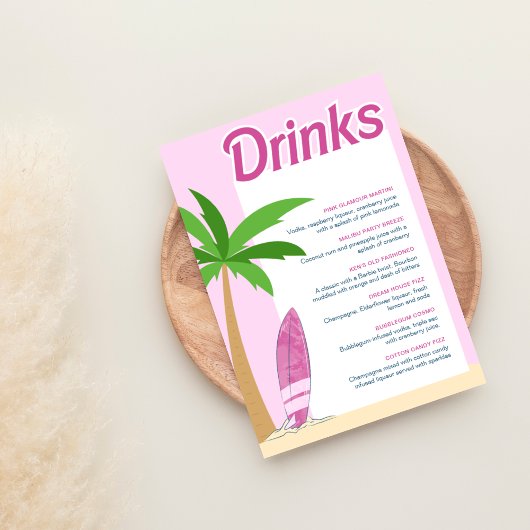 Malibu Beach Pink Party Bachelorette Cocktail Menu Poster