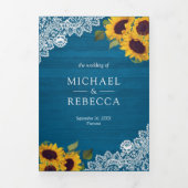 Malibu Blue Wood Lace Sunflower Wedding Foto Dreifach Gefaltete Einladung (Cover)