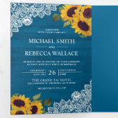 Malibu Blue Wood Lace Sunflower Wedding Foto Dreifach Gefaltete Einladung (Innen Erste Seite)
