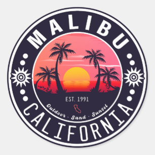 Malibu Ca Retro Sonnenuntergang Palmen Souvenirs 6 Runder Aufkleber