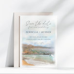 Malibu | California Beach Watercolor Save the Date<br><div class="desc">Coastal California Strand Thema Hochzeit Save the Date Karte verfügt über eine Aquarellmalerei von Malibu Pier und Surfrider Strand,  den Pazifik,  und goldenen Hügel entlang der Küste. Teil meiner Hochzeitskollektion "Malibu California". Kunstwerk von KL Stock.</div>