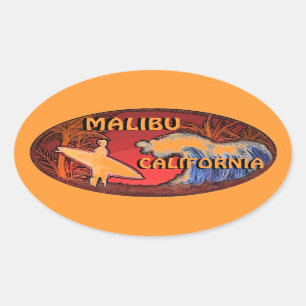 Malibu California Orange Surfer Wellen Kunst Aufkl Ovaler Aufkleber