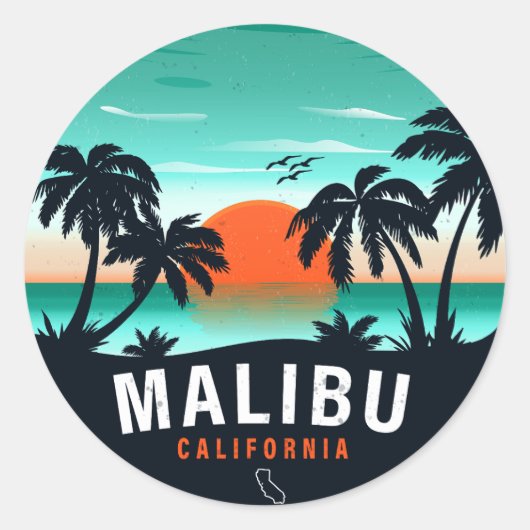 Malibu California Retro Sunset Tropical Souvenirs Runder Aufkleber (Vorderseite)