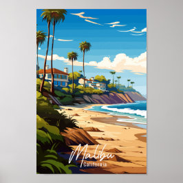 Malibu California Vintage Illustration Poster