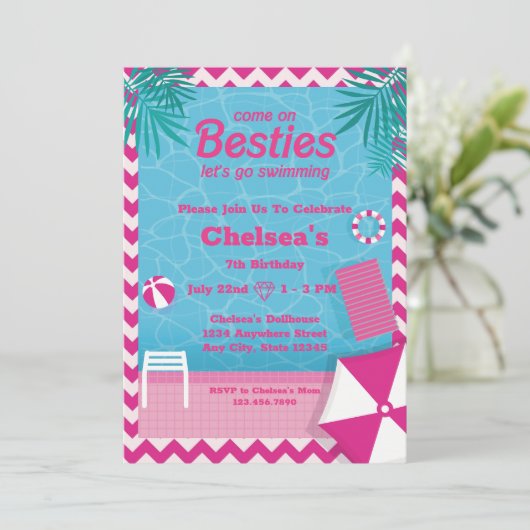 Malibu Doll Beach Pool Geburtstag Einladung (Stehend Vorderseite)
