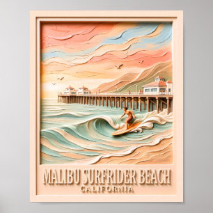 Malibu Surfrider Beach Surfen 3D texturiert vintag Poster
