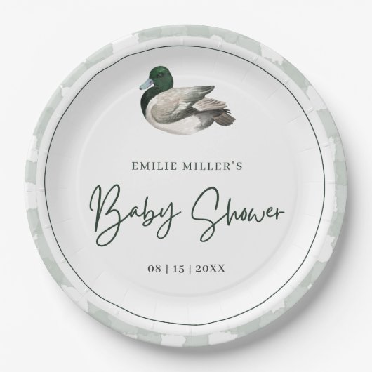 Mallard Duck Baby Shower Gender Neutral Green Pappteller (Vorderseite)