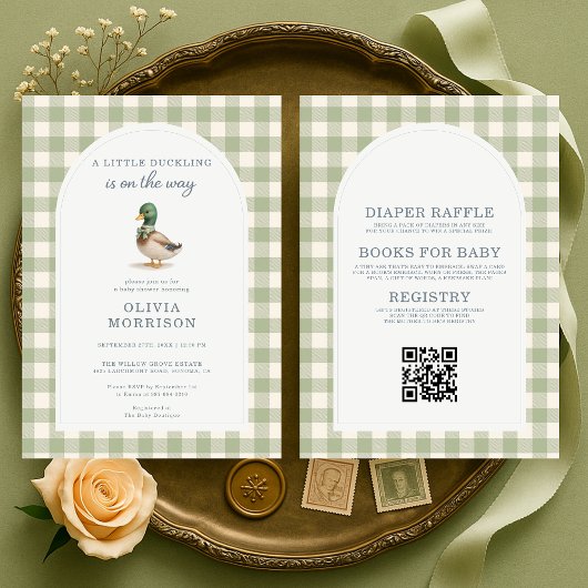 Mallard Duck Gingham All in One Baby Shower Einladung