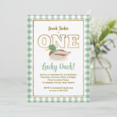 Mallard Duck Green Kariert Hunting Boy 1st Birthda Einladung (Stehend Vorderseite)