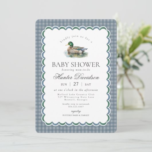 Mallard Duck Hunting Blue Gingham Boy Baby Shower Einladung (Stehend Vorderseite)