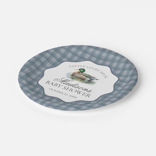 Mallard Duck Hunting Blue Gingham Boy Baby Shower Pappteller (Schrägansicht)