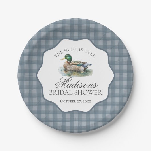 Mallard Duck Hunting Blue Gingham Brautparty Pappteller (Vorderseite)