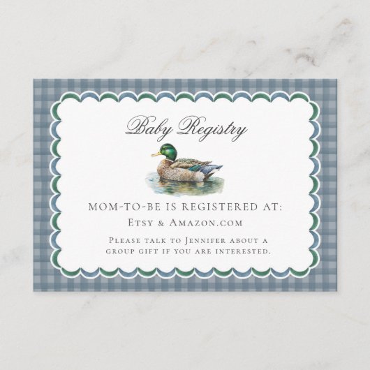 Mallard Duck Hunting Gingham Baby Registry Card Begleitkarte (Vorderseite)
