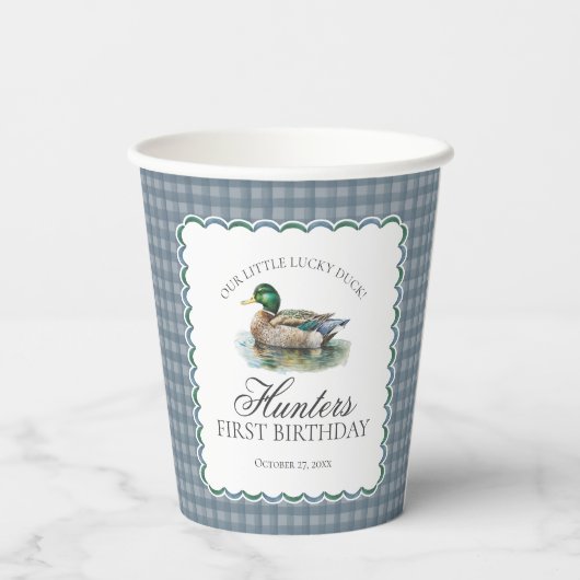 Mallard Duck Hunting Gingham Boy Birthday Pappbecher (Rückseite)