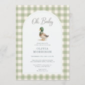 Mallard Duck Sage Green Gingham Baby Shower Einladung (Vorderseite)