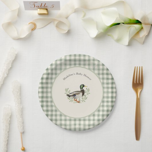 Mallard Duck Sage Green Gingham Baby Shower Pappteller (Hochzeit)