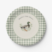 Mallard Duck Sage Green Gingham Baby Shower Pappteller (Vorderseite)