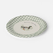 Mallard Duck Sage Green Gingham Baby Shower Pappteller (Schrägansicht)