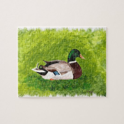 Mallard Duck sitzend in der Grasmalerei, Puzzle (Horizontal)