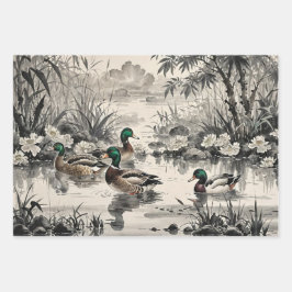 Mallard Ducks chinesische Illustration Print Geschenkpapier Set