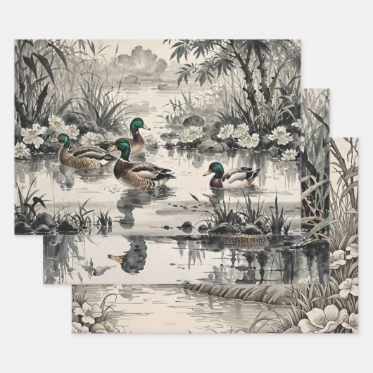 Mallard Ducks chinesische Illustration Print Geschenkpapier Set (Set)