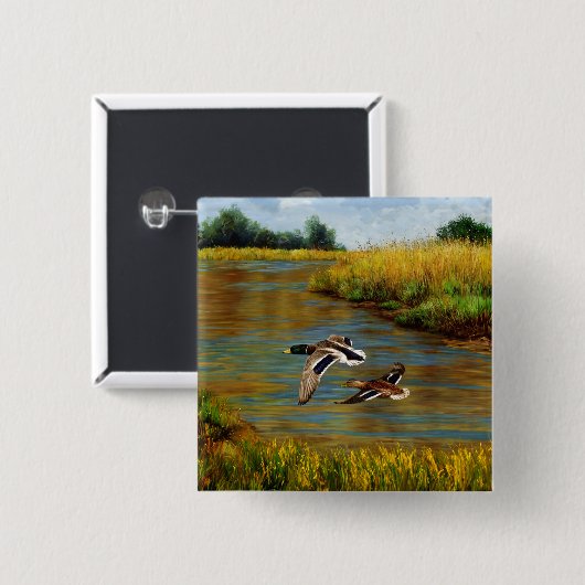 Mallard Enten fliegen über Teich Button (Vorne & Hinten)