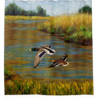 Mallard Enten fliegen über Teich